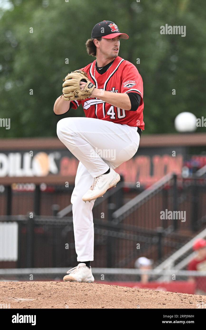 FM RedHawks pitcher Tristen Roehrich (40) delivers a pitch during the FM Redhawks game against the Winnipeg Goldeyes in American Association professional baseball at Newman Outdoor Field in Fargo, ND on Sunday, September 4, 2023. Winnipeg won 7-2. Photo by Russell Hons/CSM Stock Photo