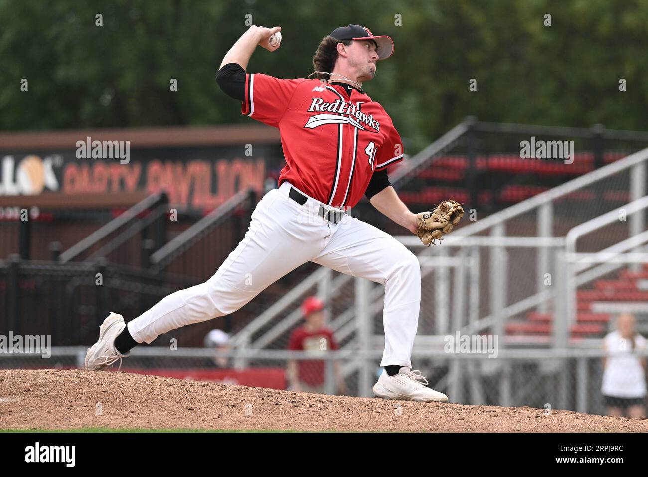 FM RedHawks pitcher Tristen Roehrich (40) delivers a pitch during the FM Redhawks game against the Winnipeg Goldeyes in American Association professional baseball at Newman Outdoor Field in Fargo, ND on Sunday, September 4, 2023. Winnipeg won 7-2. Photo by Russell Hons/CSM. Stock Photo