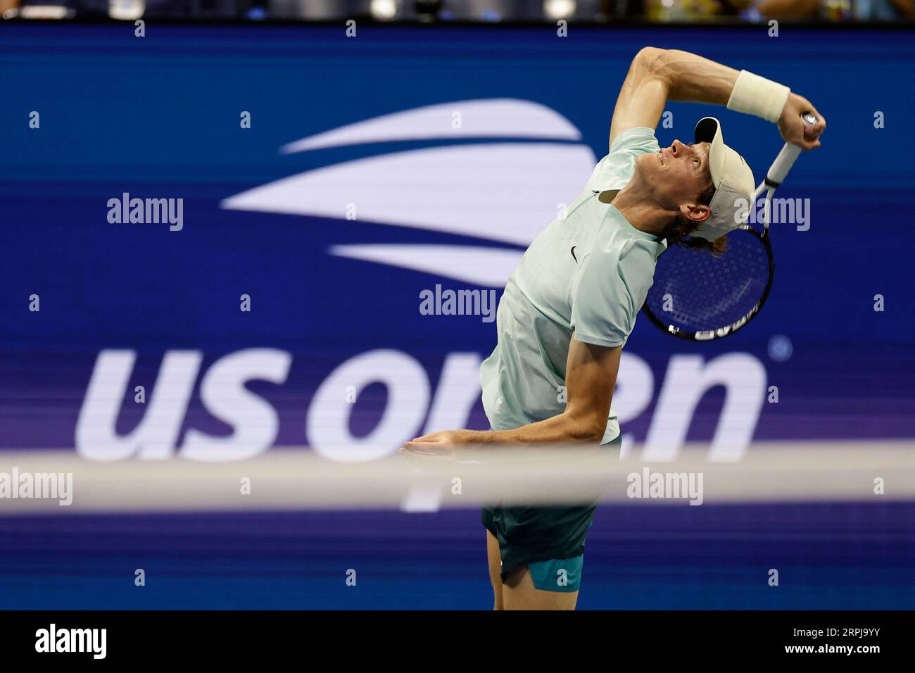 Jannik Sinner, of Italy, serves to Alexander Zverev, of Germany, during the fourth round of the U.S. Open tennis championships, Monday, Sept