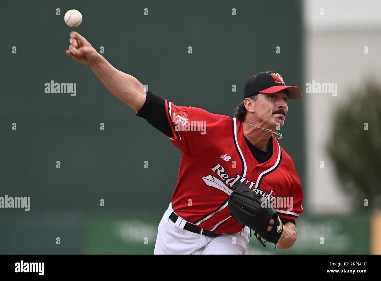 FM RedHawks pitcher Garrett Alexander (31) delivers a pitch during the FM Redhawks game against the Winnipeg Goldeyes in American Association professional baseball at Newman Outdoor Field in Fargo, ND on Sunday, September 4, 2023. Winnipeg won 7-2. Photo by Russell Hons/CSM. Stock Photo