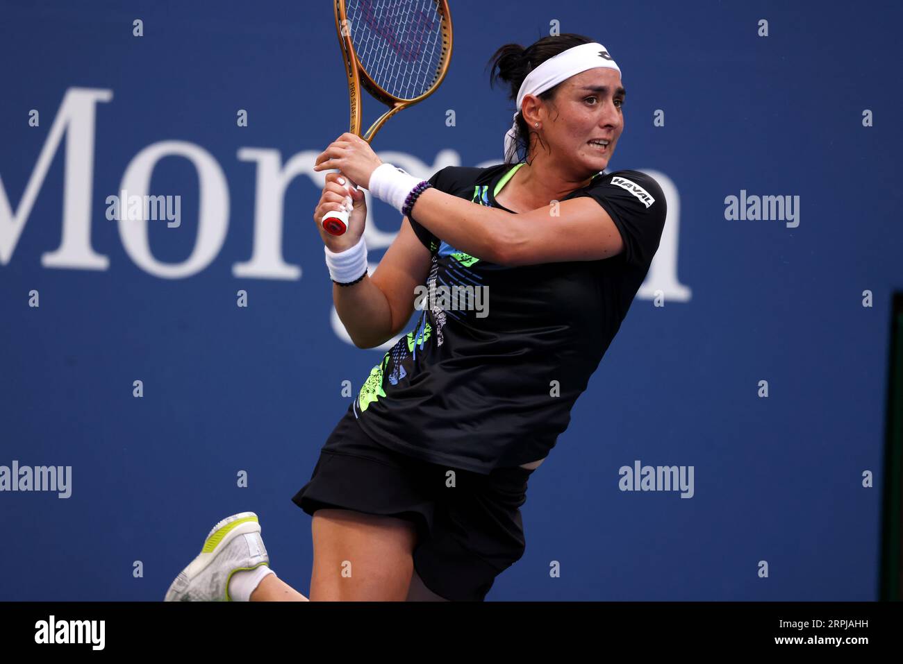 New York, United States. 04th Sep, 2023. Ons Jabeur of Tunisia returns a shot to Qinwen Zheng of China during their fourth round match at the US Open. Zheng upset Jabeur in straight sets. Photography by Credit: Adam Stoltman/Alamy Live News Stock Photo