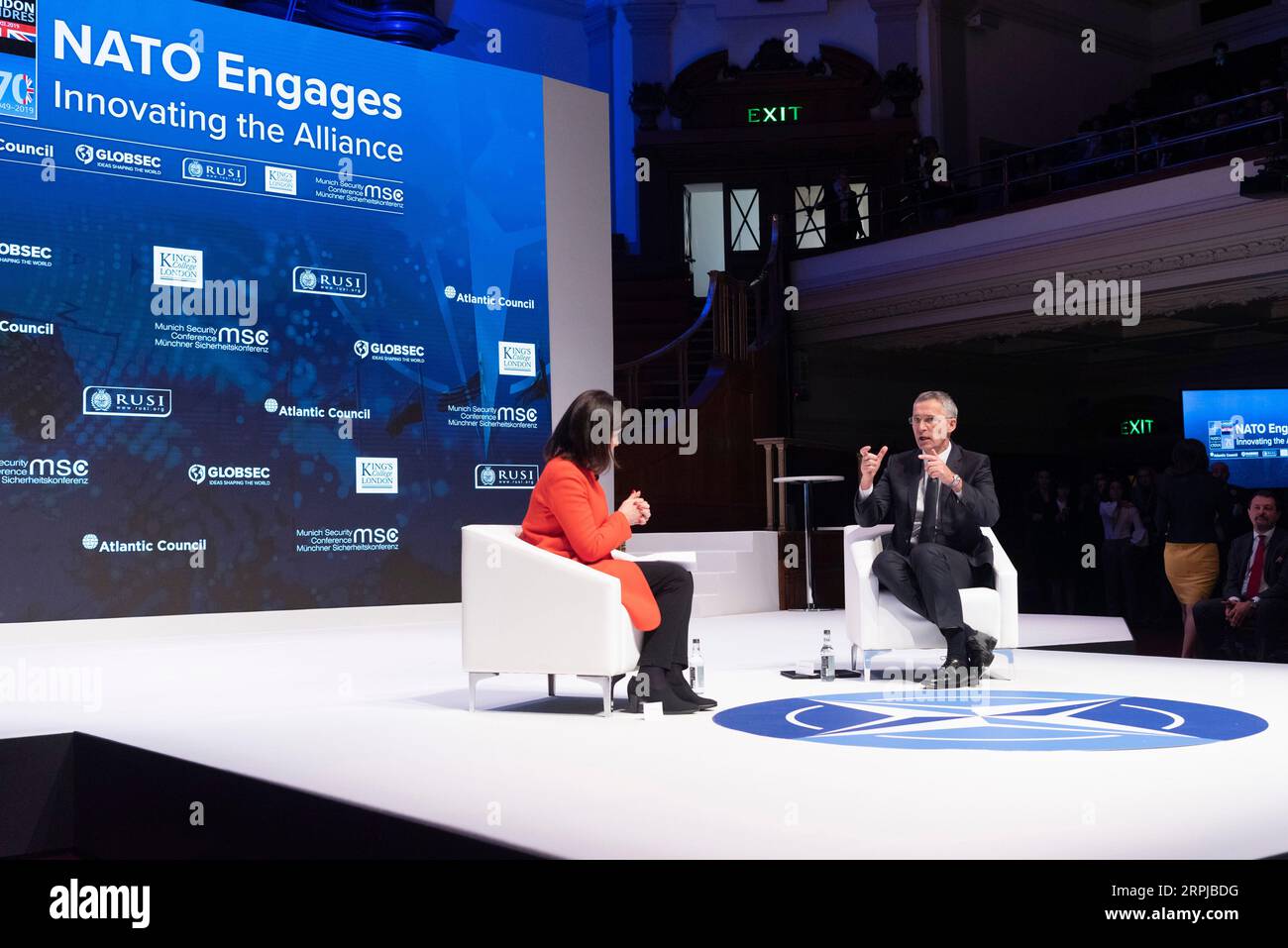 191204 -- LONDON, Dec. 4, 2019 Xinhua -- NATO Secretary General Jens Stoltenberg R makes a speech at the NATO Engages event in London, Britain on Dec. 3, 2019. Photo by Ray Tang/Xinhua BRITAIN-LONDON-NATO ENGAGES-JENS STOLTENBERG-SPEECH PUBLICATIONxNOTxINxCHN Stock Photo