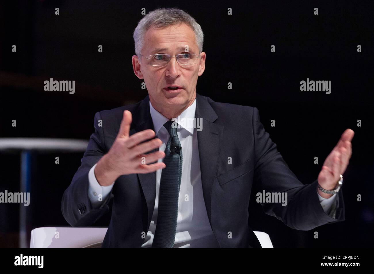 191204 -- LONDON, Dec. 4, 2019 Xinhua -- NATO Secretary General Jens Stoltenberg makes a speech at the NATO Engages event in London, Britain on Dec. 3, 2019. Photo by Ray Tang/Xinhua BRITAIN-LONDON-NATO ENGAGES-JENS STOLTENBERG-SPEECH PUBLICATIONxNOTxINxCHN Stock Photo