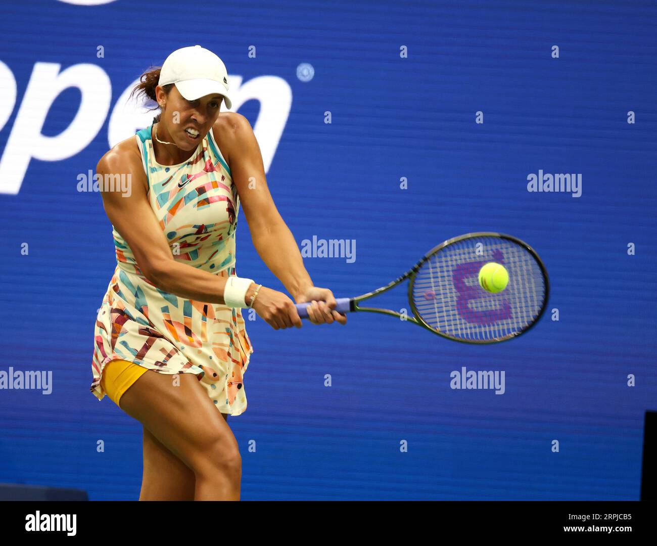 New York, United States. 04th Sep, 2023. Madison Keys during her victory over Jessica Pegula in their fourth round match at the US Open. Photography by Credit: Adam Stoltman/Alamy Live News Stock Photo