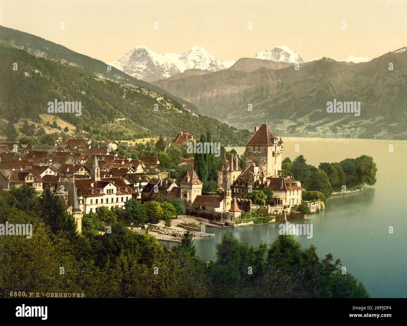 Oberhofen Castle and Lake Thun, Oberhofen, Bern, Switzerland 1890. Stock Photo