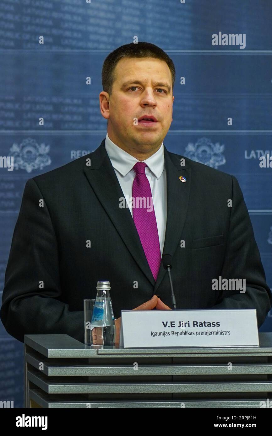 191206 -- RIGA, Dec. 6, 2019 Xinhua -- Estonian Prime Minister Juri Ratas speaks at a news conference in Riga, Latvia, on Dec. 6, 2019. The prime ministers of the three Baltic states and Poland met here on Friday to discuss progress on the regional rail infrastructure project Rail Baltica amid concerns about delays in the project s implementation. Photo by Janis/Xinhua LATVIA-RIGA-BALTIC STATES-POLAND-PMS-MEETING PUBLICATIONxNOTxINxCHN Stock Photo