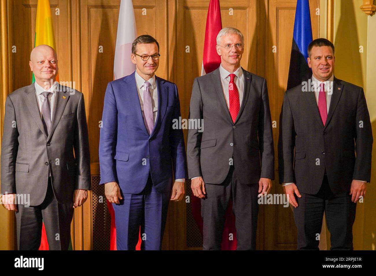 191206 -- RIGA, Dec. 6, 2019 Xinhua -- Lithuanian Prime Minister Saulius Skvernelis, Polish Prime Minister Mateusz Morawiecki, Latvian Prime Minister Krisjanis Karins, and Estonian Prime Minister Juri Ratas from L to R pose for a photo during their meeting in Riga, Latvia, on Dec. 6, 2019. The prime ministers of the three Baltic states and Poland met here on Friday to discuss progress on the regional rail infrastructure project Rail Baltica amid concerns about delays in the project s implementation. Photo by Janis/Xinhua LATVIA-RIGA-BALTIC STATES-POLAND-PMS-MEETING PUBLICATIONxNOTxINxCHN Stock Photo