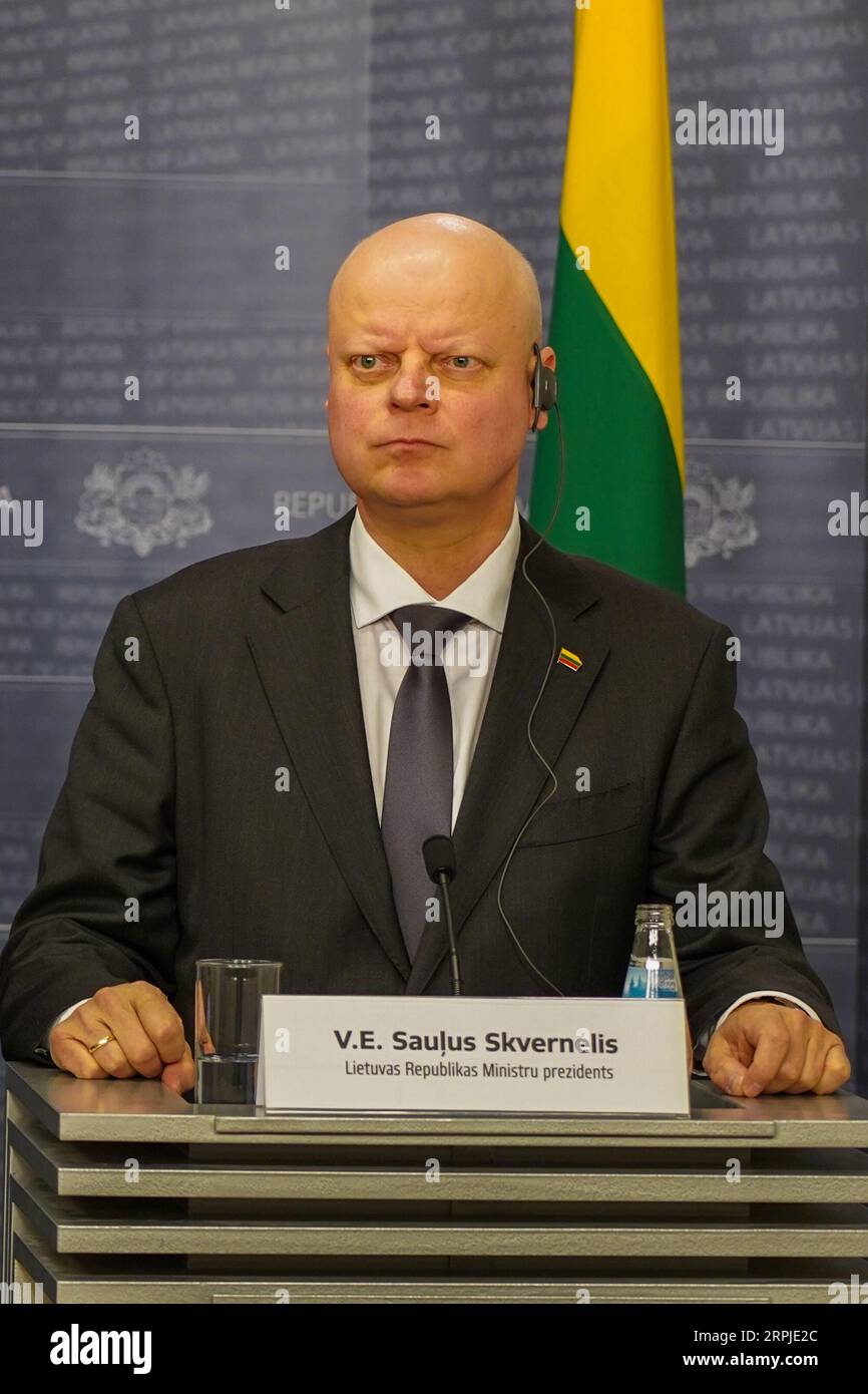 191206 -- RIGA, Dec. 6, 2019 Xinhua -- Lithuanian Prime Minister Saulius Skvernelis attends a news conference in Riga, Latvia, on Dec. 6, 2019. The prime ministers of the three Baltic states and Poland met here on Friday to discuss progress on the regional rail infrastructure project Rail Baltica amid concerns about delays in the project s implementation. Photo by Janis/Xinhua LATVIA-RIGA-BALTIC STATES-POLAND-PMS-MEETING PUBLICATIONxNOTxINxCHN Stock Photo
