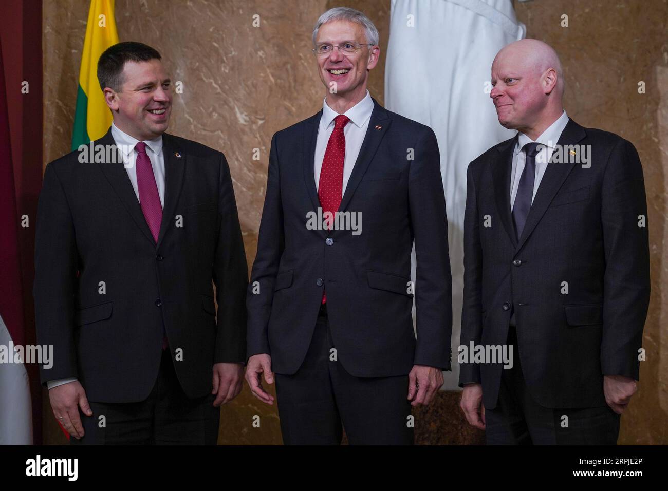 191206 -- RIGA, Dec. 6, 2019 Xinhua -- Estonian Prime Minister Juri Ratas, Latvian Prime Minister Krisjanis Karins, and Lithuanian Prime Minister Saulius Skvernelis from L to R pose for a photo during their meeting in Riga, Latvia, on Dec. 6, 2019. The prime ministers of the three Baltic states and Poland met here on Friday to discuss progress on the regional rail infrastructure project Rail Baltica amid concerns about delays in the project s implementation. Photo by Janis/Xinhua LATVIA-RIGA-BALTIC STATES-POLAND-PMS-MEETING PUBLICATIONxNOTxINxCHN Stock Photo