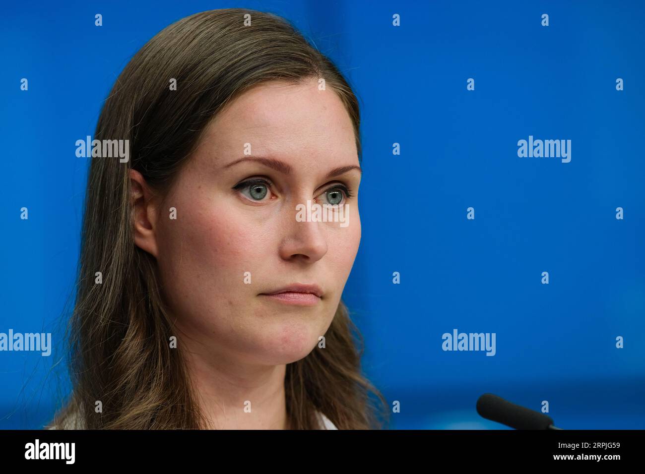 191209 -- BRUSSEL, Dec. 9, 2019 -- File photo taken on Sept. 20, 2019 shows Finnish Minister of Transport and Communications Sanna Marin attending a press conference of the EU Transport, Telecommunications and Energy Council in Brussels, Belgium. Finland s Social Democratic Party SDP, one of the five parties that form the coalition government, on Sunday picked 34-year-old Sanna Marin to be the country s youngest prime minister. Marin, who is currently Finnish Minister of Transport and Communications, narrowly won over Antti Lindtman, the 37-year-old chairman of the Social Democratic Parliament Stock Photo