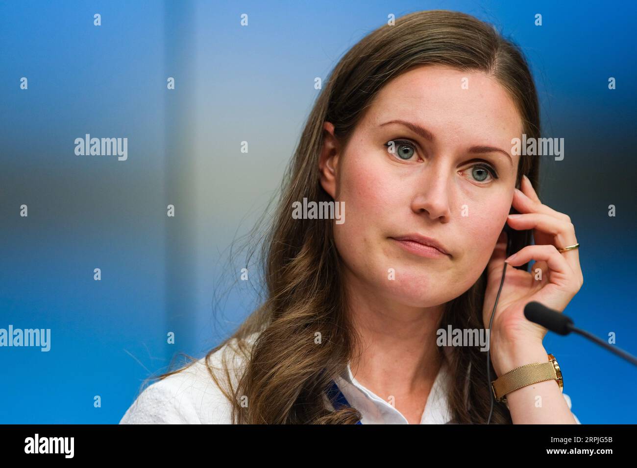 191209 -- BRUSSEL, Dec. 9, 2019 -- File photo taken on Sept. 20, 2019 shows Finnish Minister of Transport and Communications Sanna Marin attending a press conference of the EU Transport, Telecommunications and Energy Council in Brussels, Belgium. Finland s Social Democratic Party SDP, one of the five parties that form the coalition government, on Sunday picked 34-year-old Sanna Marin to be the country s youngest prime minister. Marin, who is currently Finnish Minister of Transport and Communications, narrowly won over Antti Lindtman, the 37-year-old chairman of the Social Democratic Parliament Stock Photo