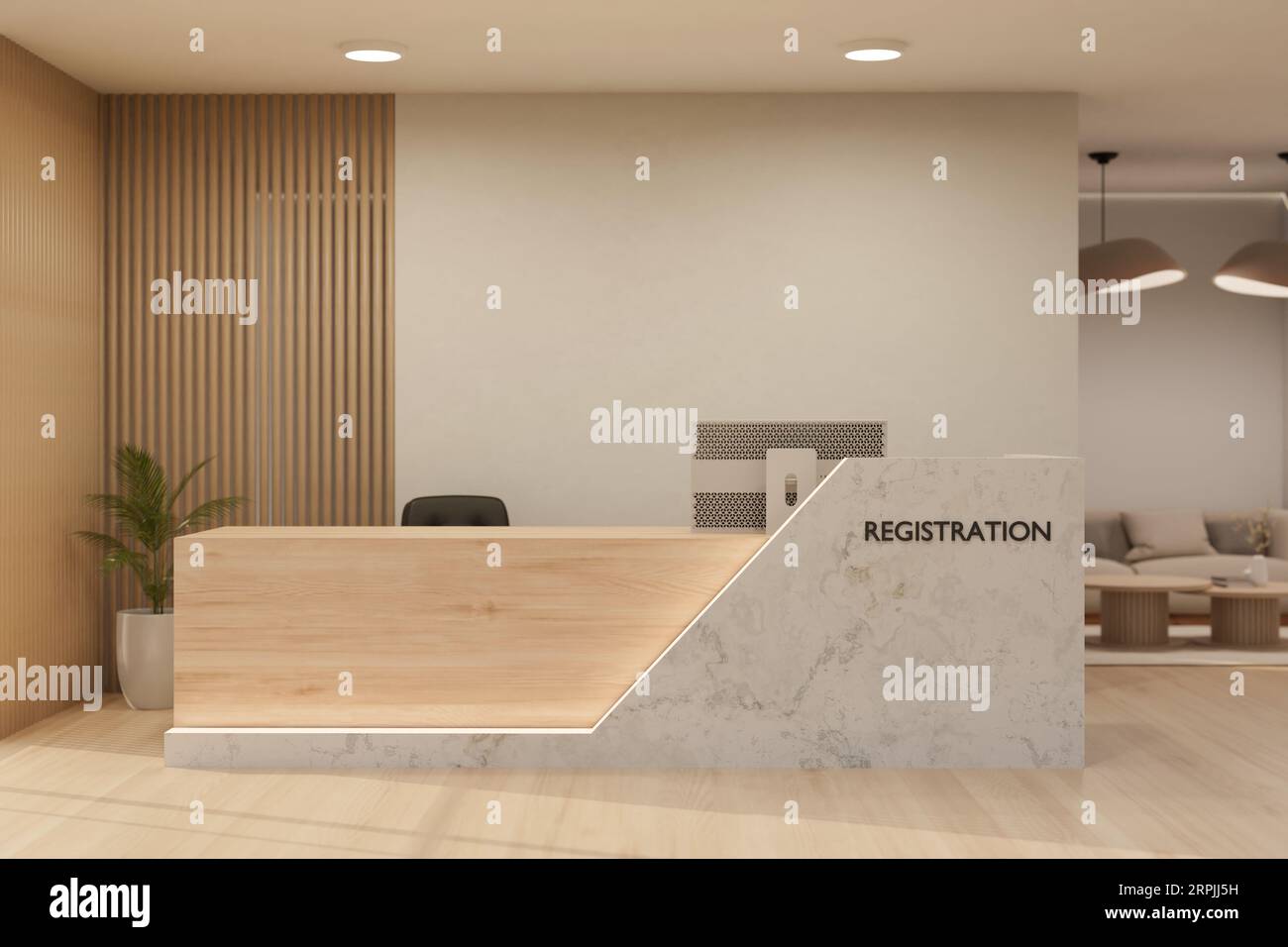 A modern, luxury, and beautiful registration counter or lobby front desk area interior design