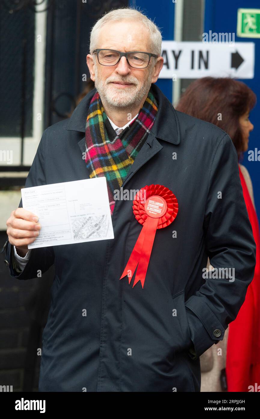 191212 -- LONDON, Dec. 12, 2019 -- British Labour Party Leader Jeremy Corbyn arrives at a polling station to cast his vote for the general election in London, Britain, Dec. 12, 2019. Polling stations opened in 650 constituencies across Britain at 7 a.m. 0700 GMT Thursday in the country s general elections. Photo by Ray Tang/Xinhua BRITAIN-LONDON-GENERAL ELECTION-JEREMY CORBYN HanxYan PUBLICATIONxNOTxINxCHN Stock Photo