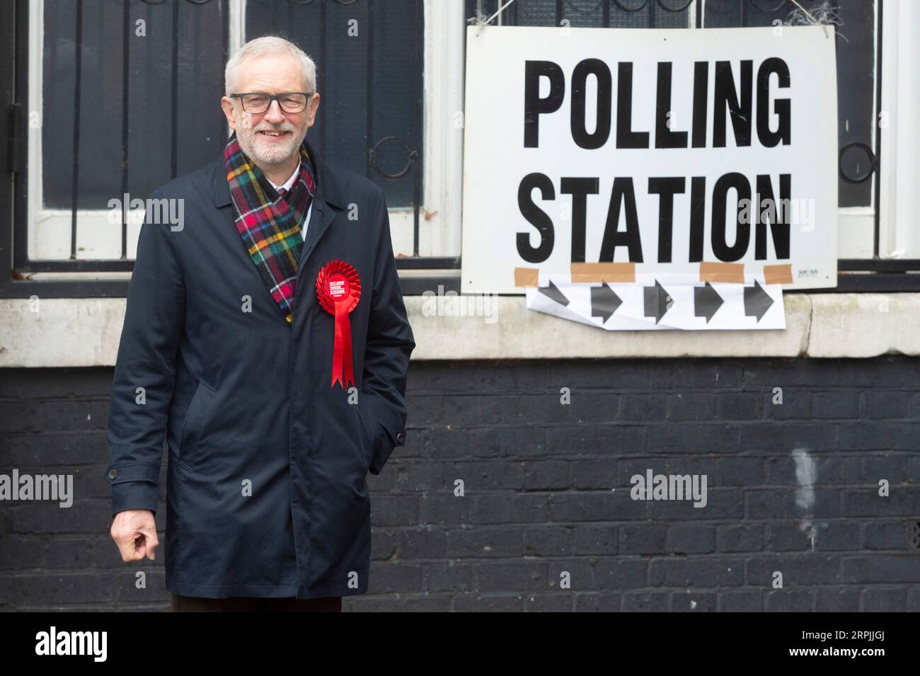 191212 -- LONDON, Dec. 12, 2019 -- British Labour Party Leader Jeremy Corbyn poses for the media at a polling station after casting his vote for the general election in London, Britain, Dec. 12, 2019. Polling stations opened in 650 constituencies across Britain at 7 a.m. 0700 GMT Thursday in the country s general elections. Photo by Ray Tang/Xinhua BRITAIN-LONDON-GENERAL ELECTION-JEREMY CORBYN HanxYan PUBLICATIONxNOTxINxCHN Stock Photo