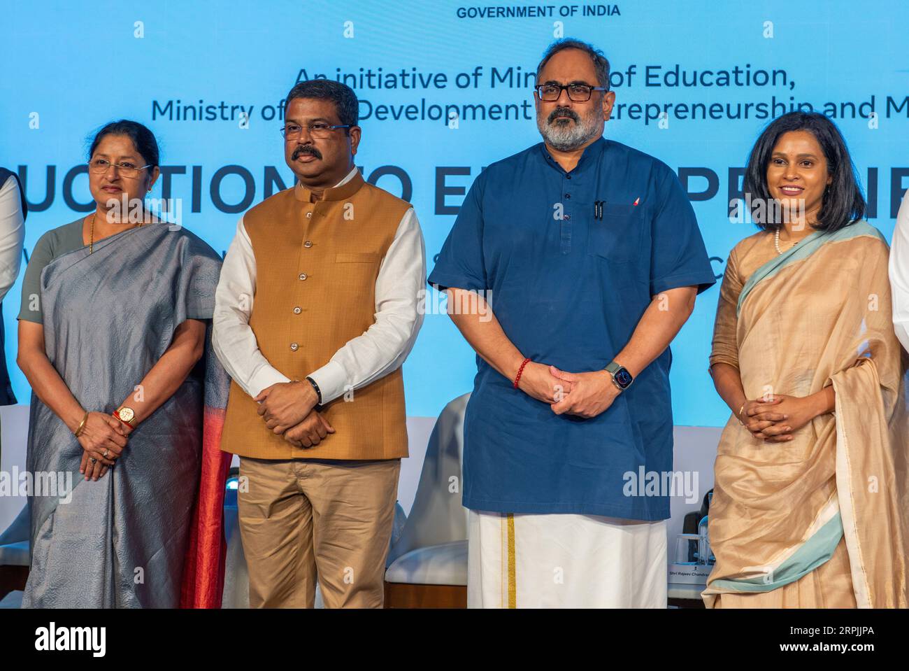 (L to R) Annapurna Devi, Minister of State, Ministry of Education, Dharmendra Pradhan Education Minister of India, Rajeev Chandrasekhar, Hon'ble Minister of State for Electronics and Information Technology and Skill Development & Entrepreneurship with Sandhya Devanathan Head and Vice President of Meta India pose for group photos during the launch of initiative ' Education to Entrepreneurship' in New Delhi. Meta (formerly Facebook) has partnered with the Ministry of Education and the Ministry of Skill Development and Entrepreneurship launch an initiative called 'Education to Entrepreneurship' Stock Photo