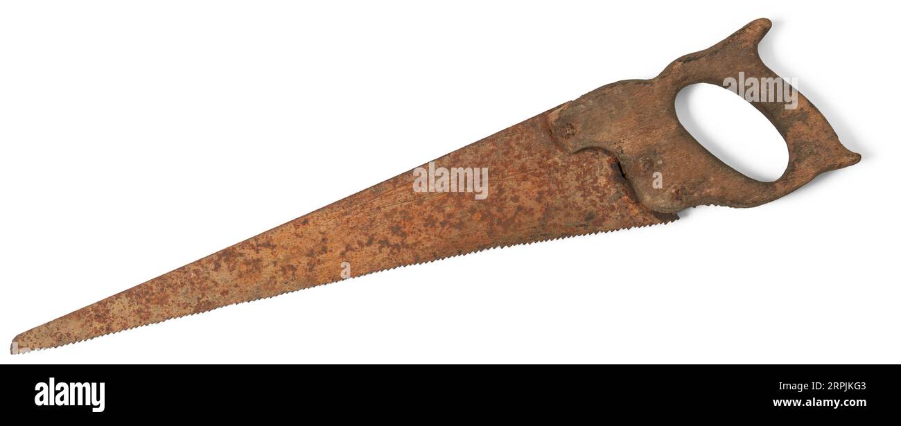 close-up of old rusty hacksaw or handsaw with wooden handle, weathered and worn traditional hand tool isolated on white background Stock Photo