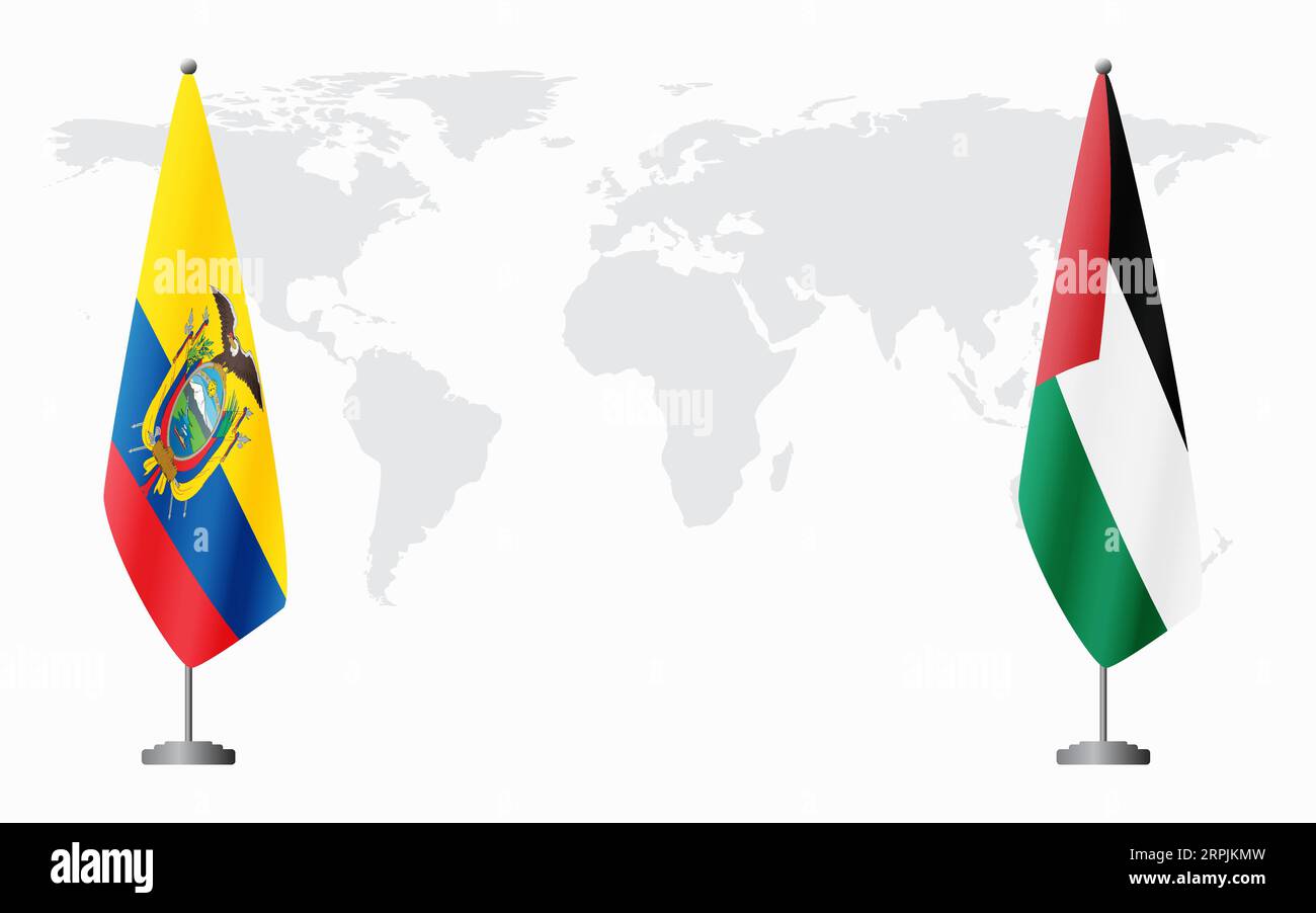 Ecuador and Palestine flags for official meeting against background of world map. Stock Vector