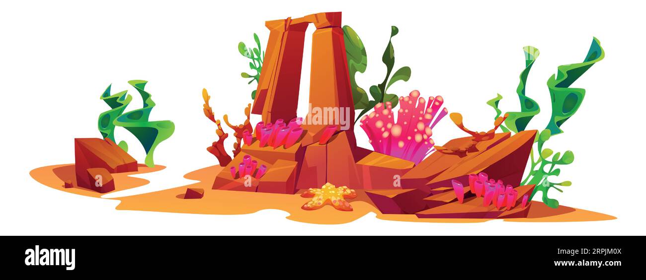 Seaweed and coral on rock underwater vector illustration. Ocean reef icon with alga, kelp grass and stone painting for wild life. Game concept with boulder and sand decorative design composition Stock Vector