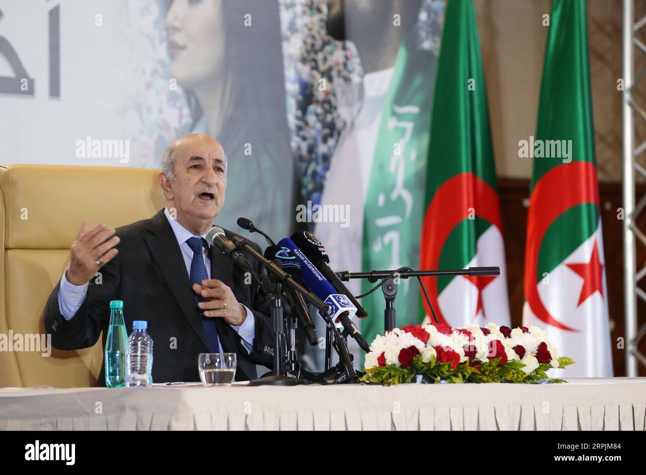 191213 -- ALGIERS, Dec. 13, 2019 Xinhua -- The newly elected President of Algeria Abdelmadjid Tebboune speaks during a press conference in Algiers, Algeria, on Dec. 13, 2019. Abdelmadjid Tebboune on Friday said he committed to open dialogue with the protest movement claiming change, saying there will be no revenge, nor exclusion and marginalization during his term. Xinhua ALGERIA-ALGIERS-NEWLY ELECTED PRESIDENT-PRESS CONFERENCE PUBLICATIONxNOTxINxCHN Stock Photo