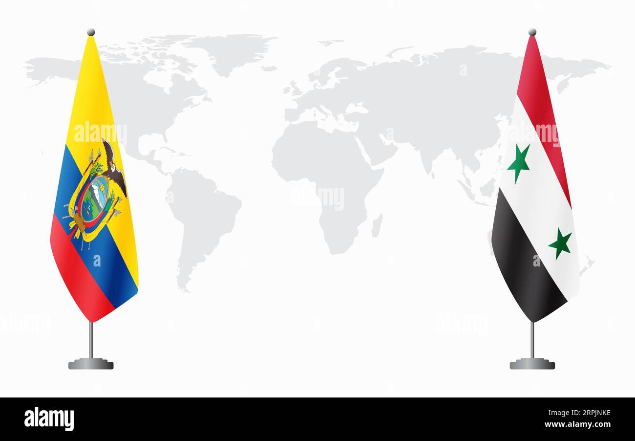 Ecuador and Syria flags for official meeting against background of world map. Stock Vector