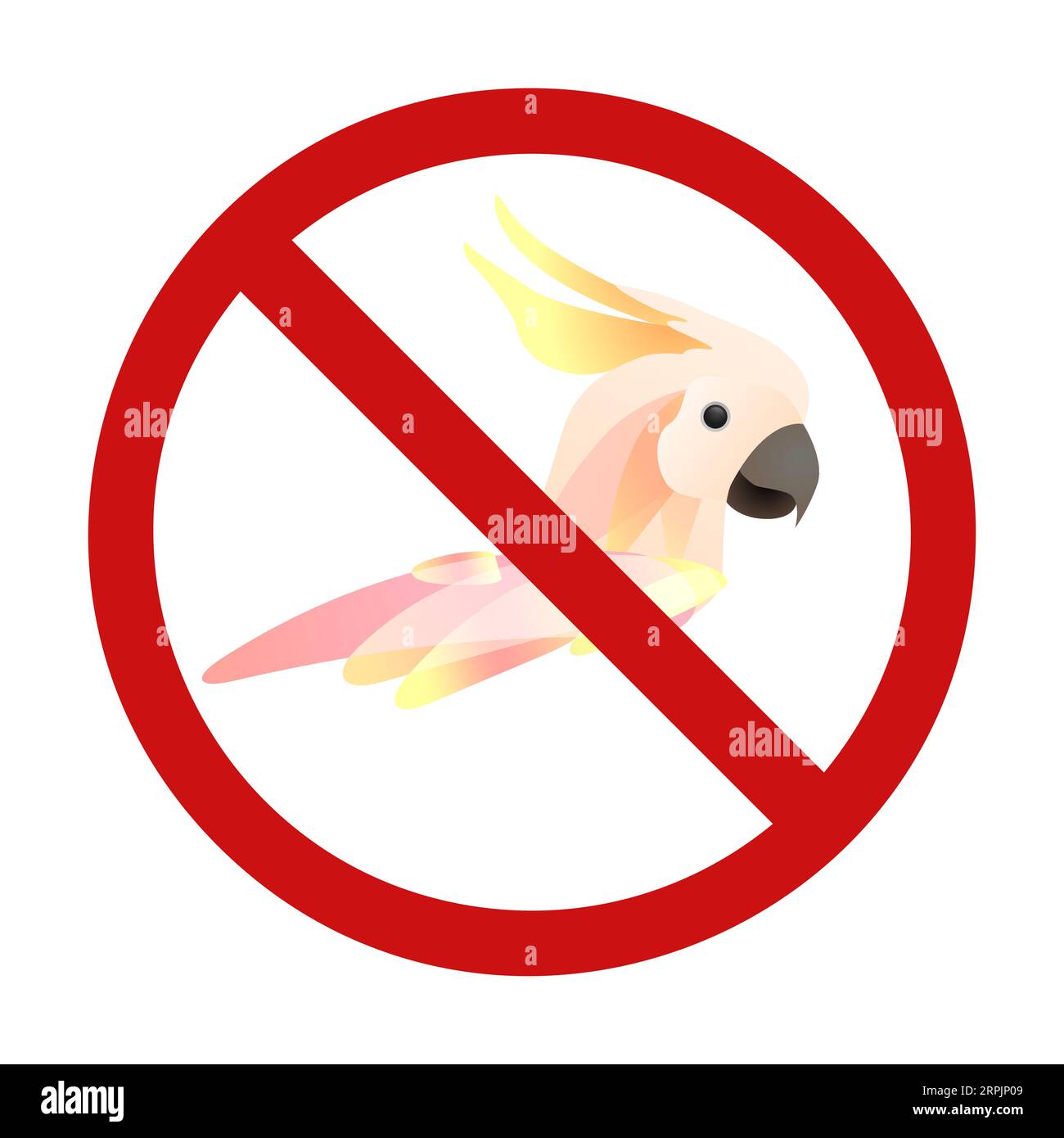 Cockatoo parrot in prohibition sign. Do not touch and catch wild rare birds. Don t feed the parrots. Forbidden zoo sign for stickers, badges Stock Vector