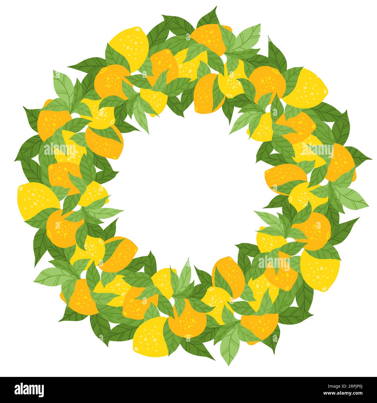 Vector round border with lemons, foliages and copy space. Circle frame ...