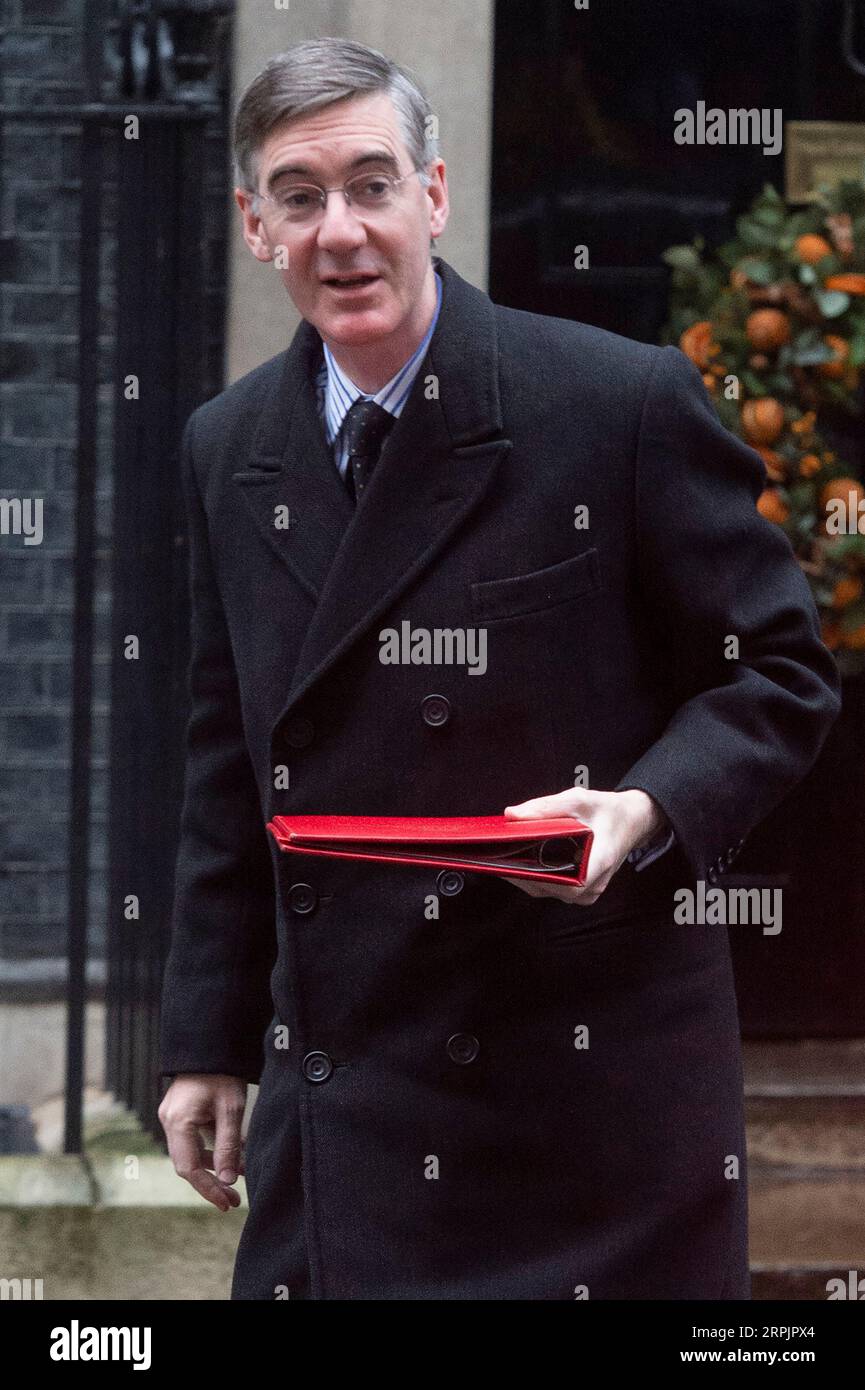 191217 -- LONDON, Dec. 17, 2019 Xinhua -- Britain s Leader of the House of Commons Jacob Rees-Mogg arrives to attend a cabinet meeting at 10 Downing Street in London, Britain, on Dec. 17, 2019. British Prime Minister Boris Johnson held the first cabinet meeting on Tuesday after winning last week s general election. Photo by Ray Tang/Xinhua BRITAIN-LONDON-CABINET MEETING PUBLICATIONxNOTxINxCHN Stock Photo
