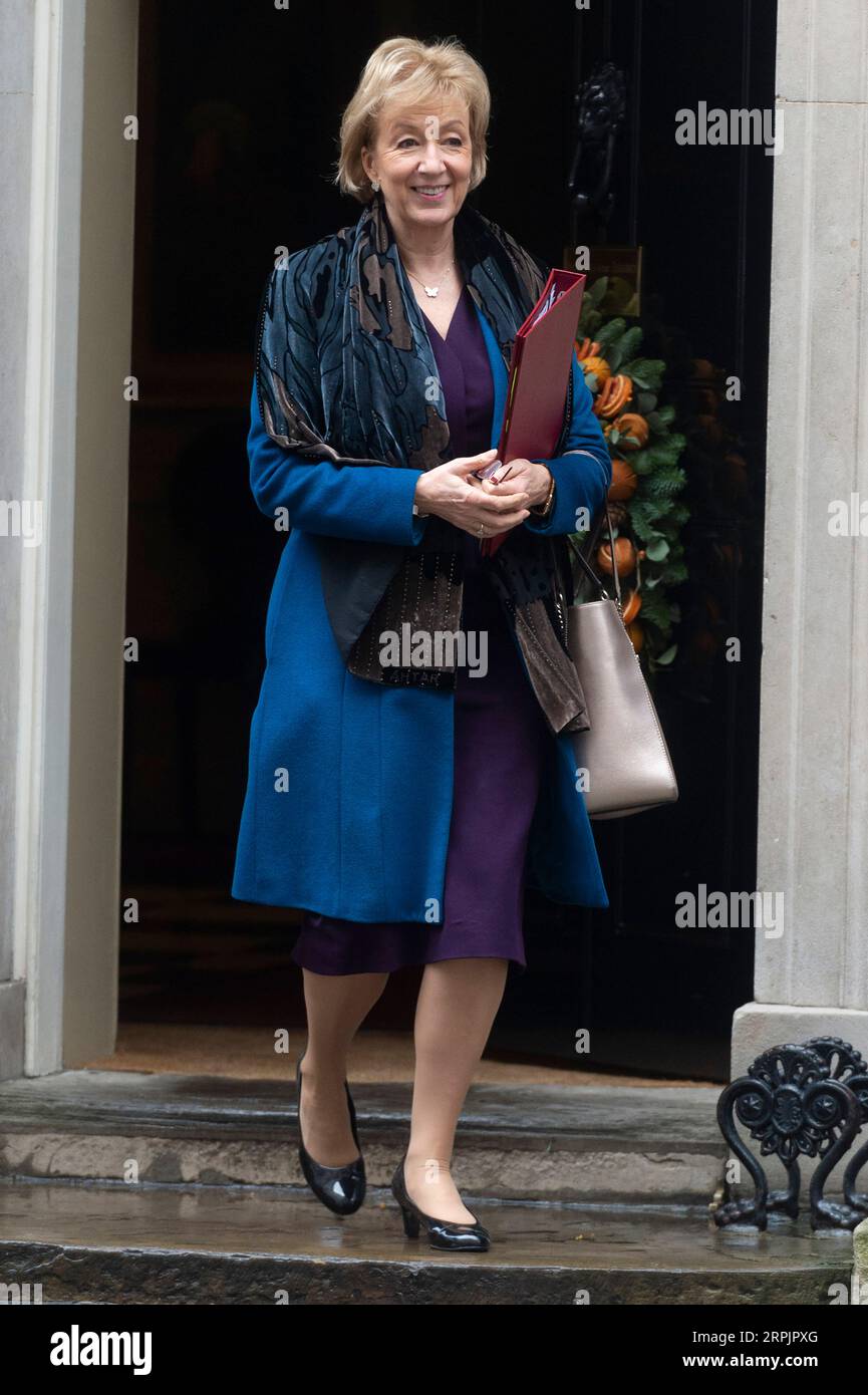 191217 -- LONDON, Dec. 17, 2019 Xinhua -- Britain s Secretary of State for Business, Energy and Industrial Strategy Andrea Leadsom leaves after attending a cabinet meeting at 10 Downing Street in London, Britain, on Dec. 17, 2019. British Prime Minister Boris Johnson held the first cabinet meeting on Tuesday after winning last week s general election. Photo by Ray Tang/Xinhua BRITAIN-LONDON-CABINET MEETING PUBLICATIONxNOTxINxCHN Stock Photo