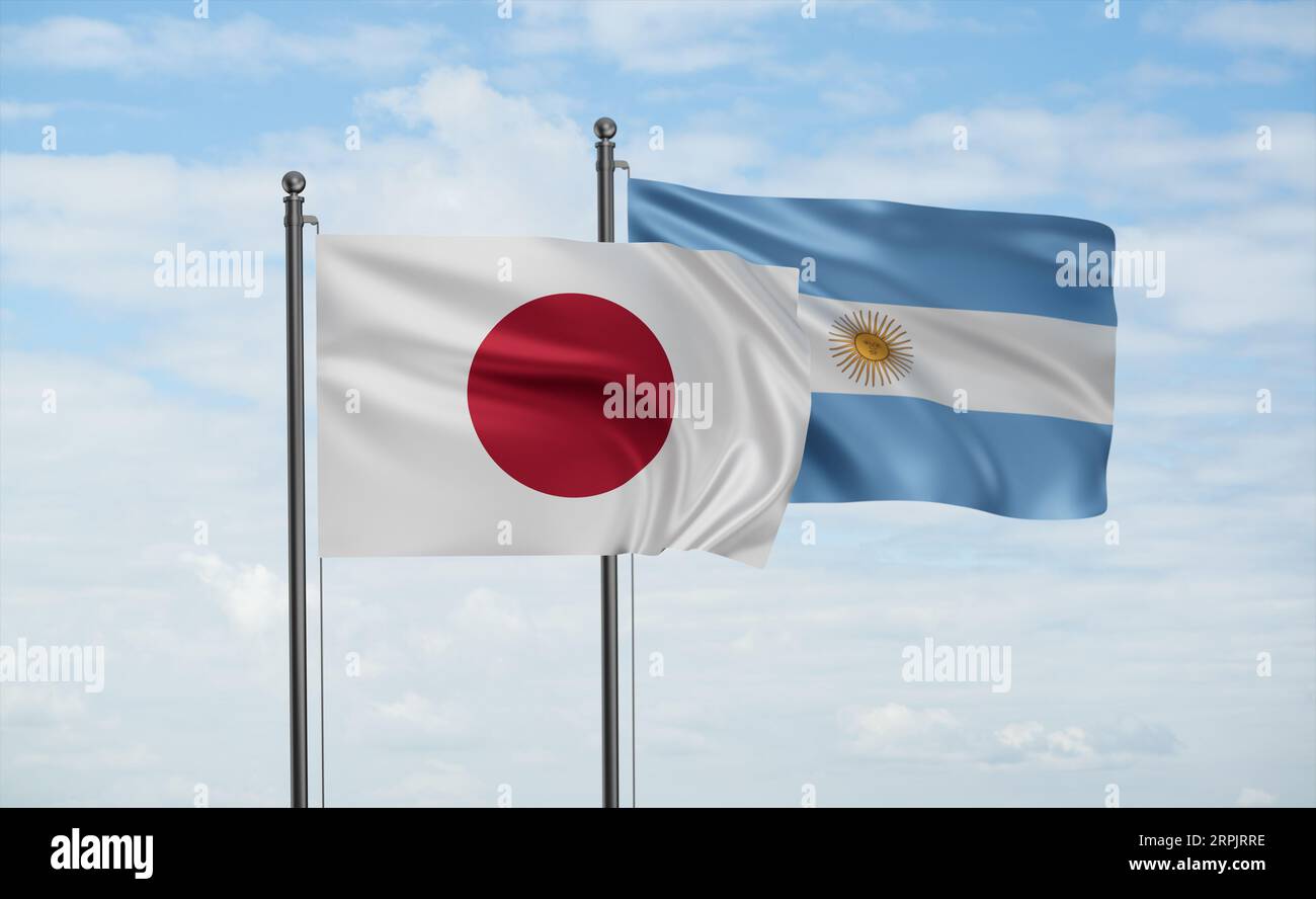 Argentina flag and Japan flag waving together on blue sky, two country ...