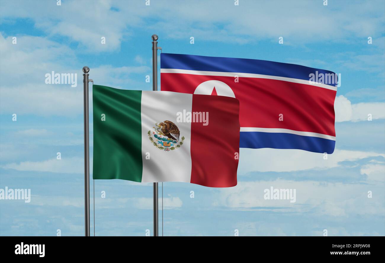 North Korea and Mexico flag waving together in the wind on blue sky ...