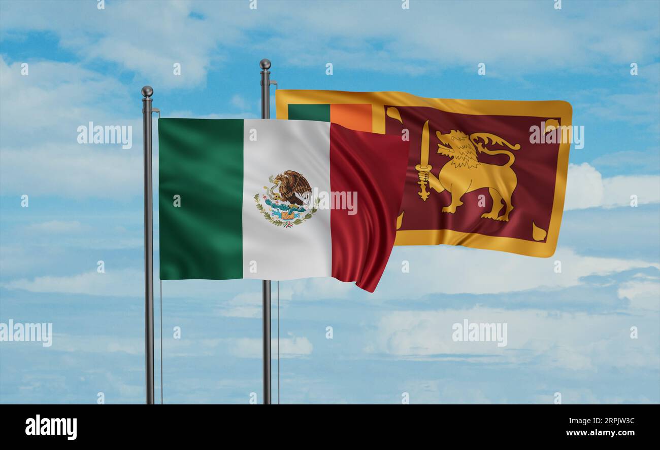 Sri Lanka and Mexico flag waving together in the wind on blue sky, two ...