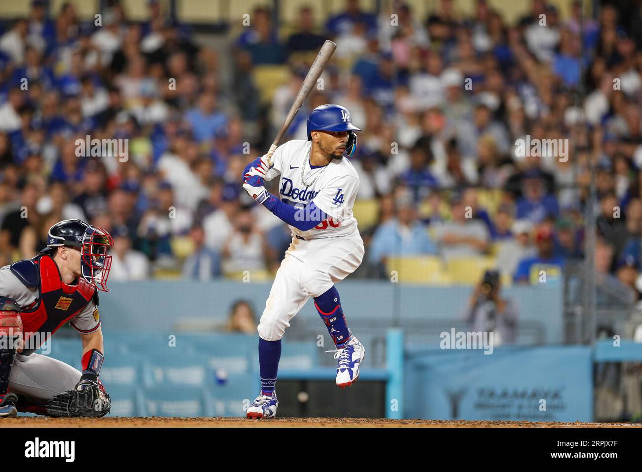 Los Angeles Dodgers second basemen Mookie Betts (50) waits for a pitch
