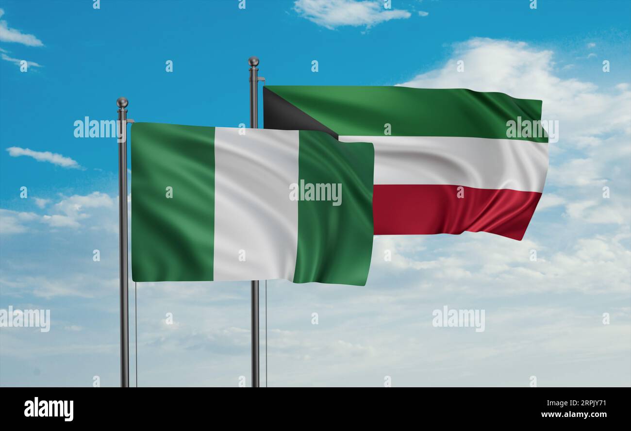 Kuwait and Nigeria flag waving together in the wind on blue sky, two ...