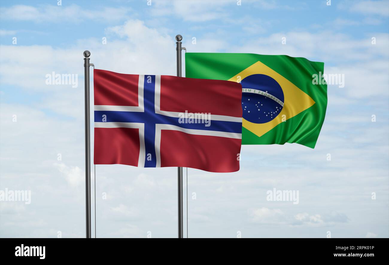 Brazil flag and Norway flag waving together on blue sky, two country ...