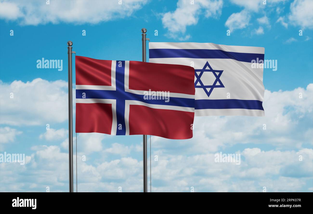 Israel flag and Norway flag waving together on blue sky, two country ...