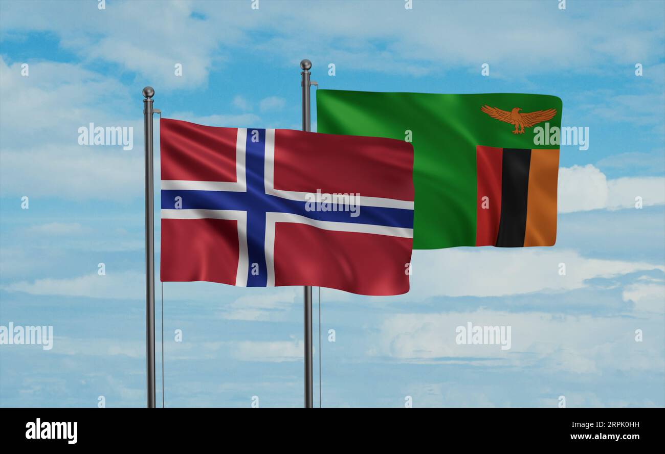 Zambia and Norway flag waving together in the wind on blue sky, two ...