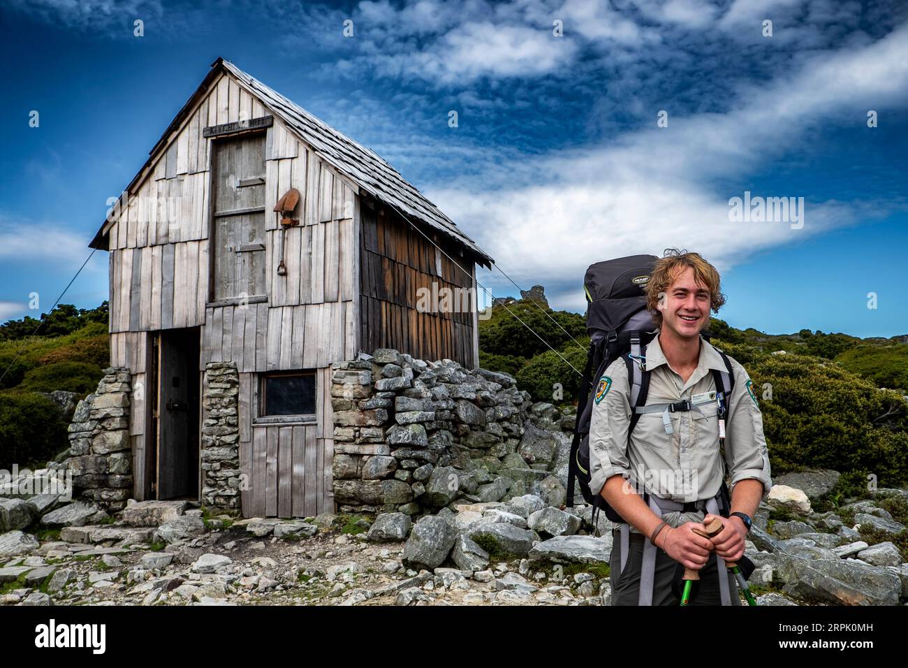 Tasmanian Parks and Wildlife ranger at the Kitchen Hut on the Overland