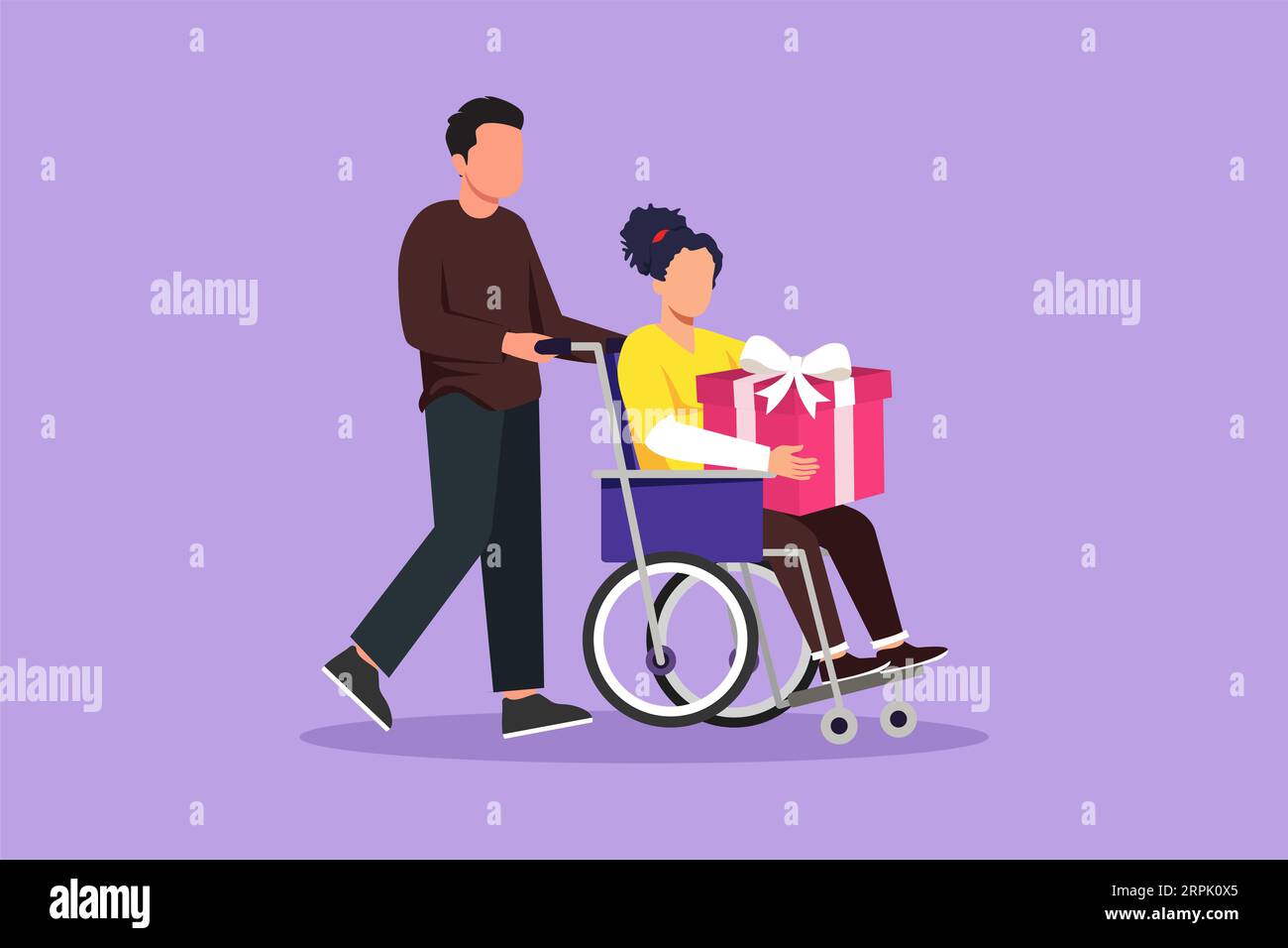 Character flat drawing male and disabled female in wheelchair. Man shopping and give gift box to woman. Caregiver, Family moral support. Disability re Stock Photo