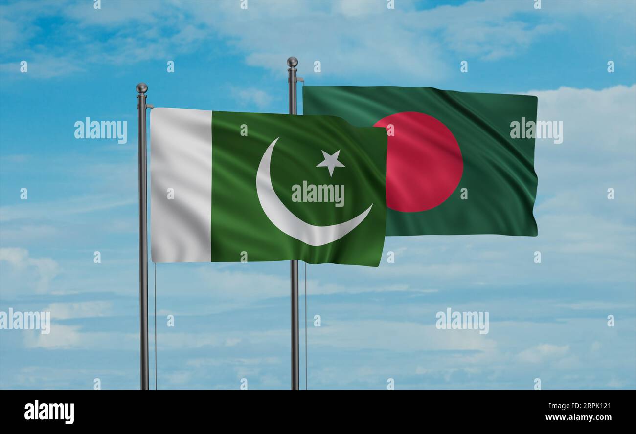 Bangladesh flag and Pakistan flag waving together on blue sky, two ...