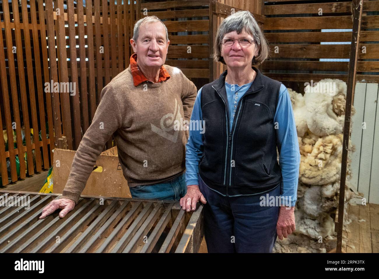 Roger and Beth White, in the woolshed on their property at Ben Lomond.  The Whites from the Northern Tablelands of NSW are graziers supporting drought relief strategies Stock Photo