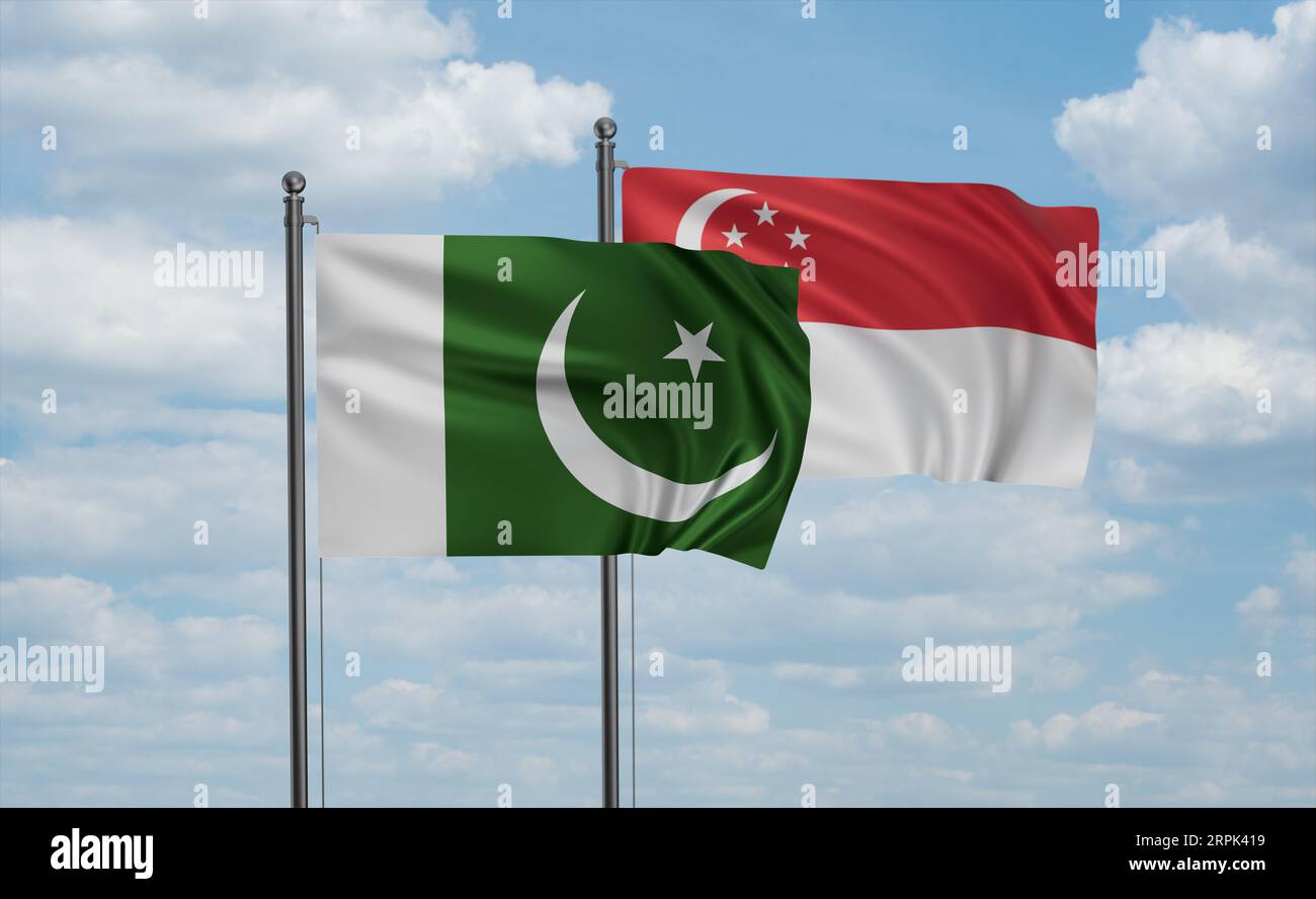 Republic of Singapore and Pakistan flag waving together in the wind on ...