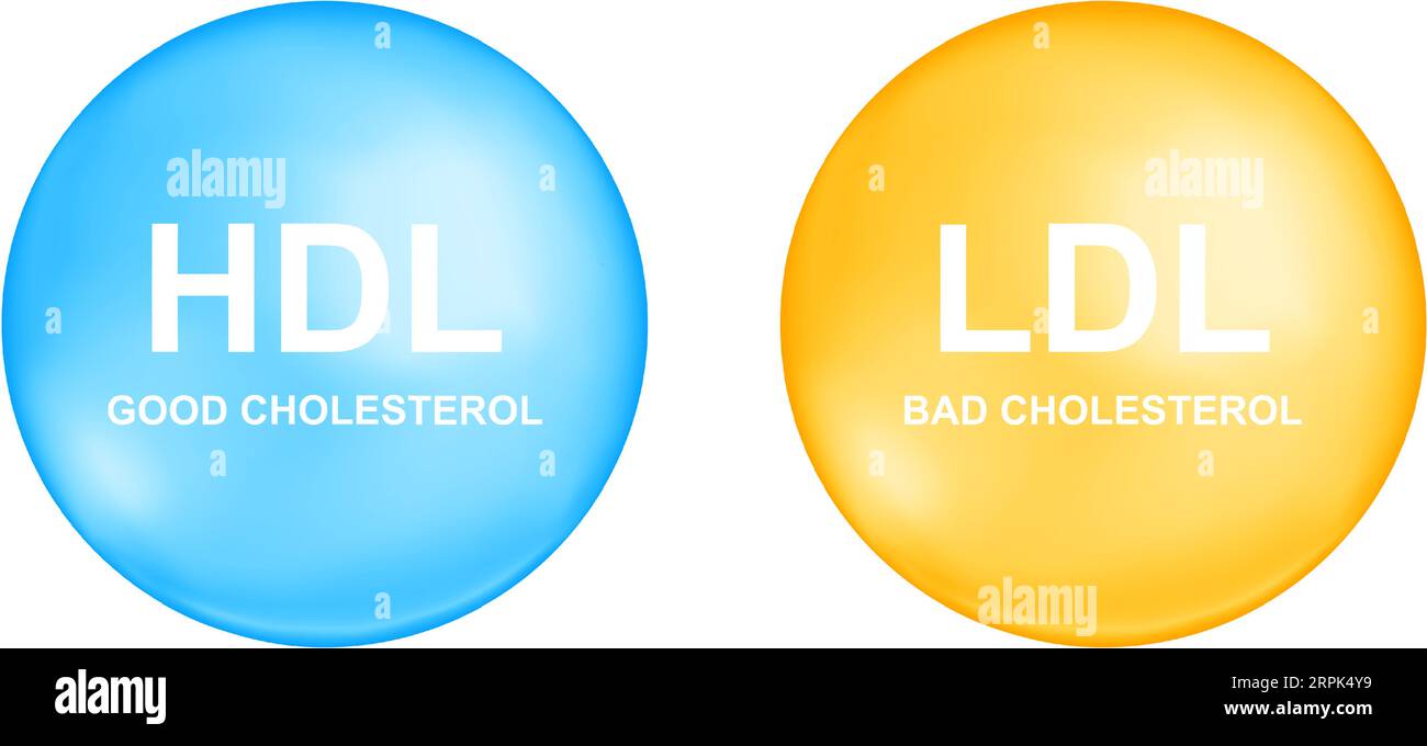 HDL and LDL cholesterol types in blue and yellow ball shapes. Good and