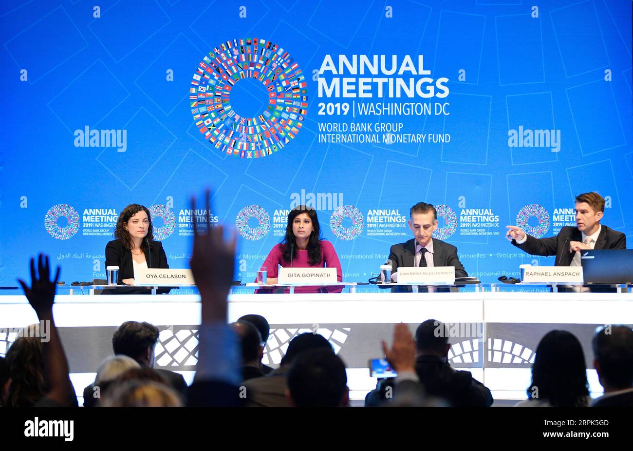 191230 -- BEIJING, Dec. 30, 2019 -- International Monetary Fund IMF chief economist Gita Gopinath 2nd L attends a press conference in Washington D.C., the United States, Oct. 15, 2019. Global economic growth rate hits a decade low The International Monetary Fund IMF released its World Economic Outlook report in mid-October, saying that rising trade and geopolitical tensions have increased uncertainty about the future of the global trading system and international cooperation more generally, taking a toll on business confidence, investment decisions, and global trade. The IMF lowered its global Stock Photo