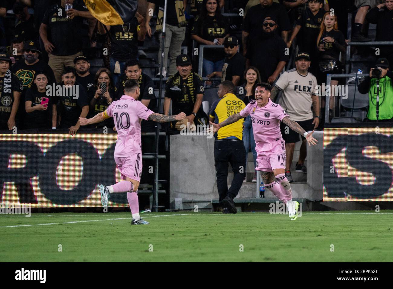 Inter Miami midfielder Facundo Farías (11) celebrates scoring a goal with  forward Lionel Messi (10) during a MLS match against LAFC, Sunday,  September Stock Photo - Alamy