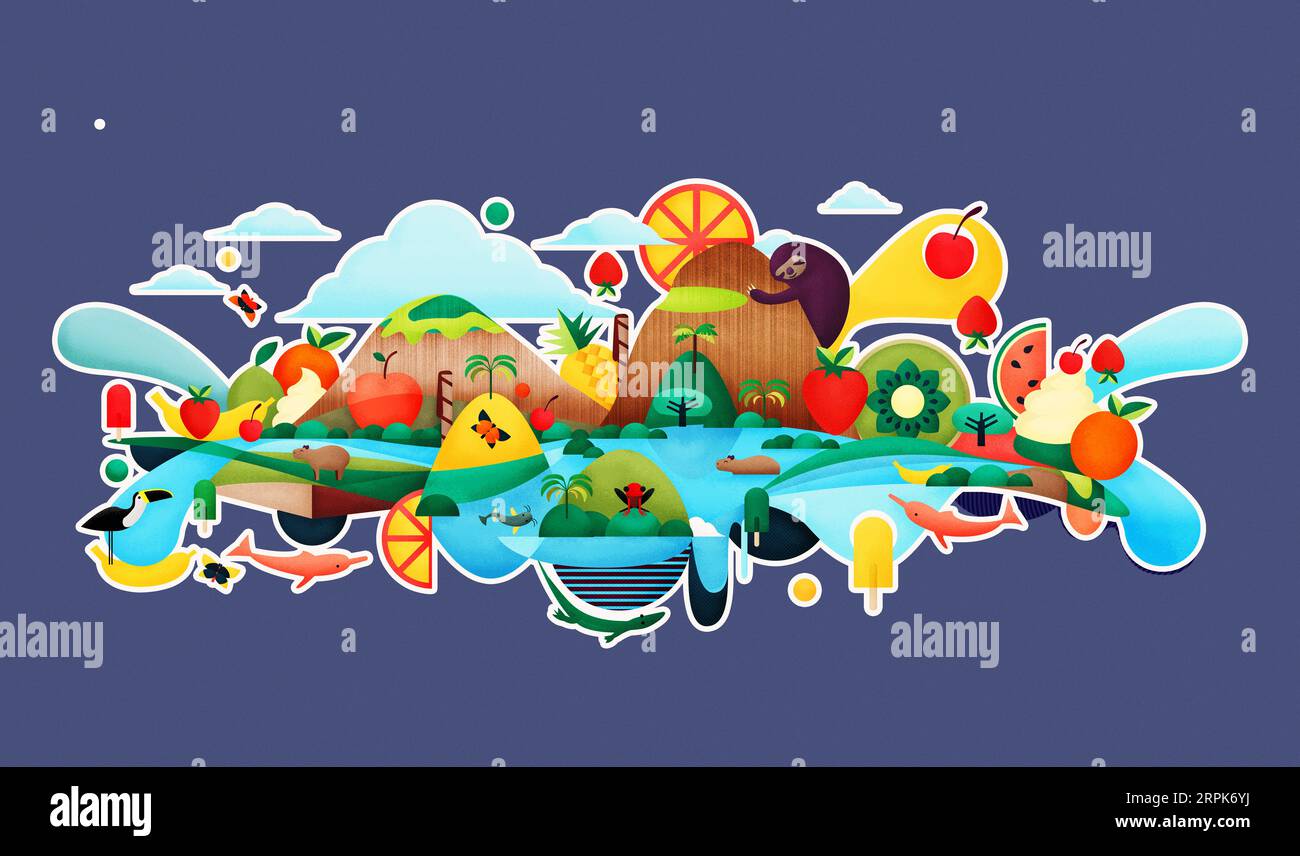Creative animal concept. Artistic illustration of animals, ice and fruits in the jungle of Colombia, abstract and colorful. Hills of Guaviare, Inírida Stock Photo