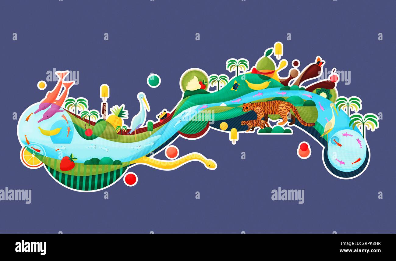 Creative animal concept. Artistic illustration of animals, ice cream, fruits in the jungle of Colombia, Orinoco. Dolphin, fish, boa, tigrillo, heron Stock Photo