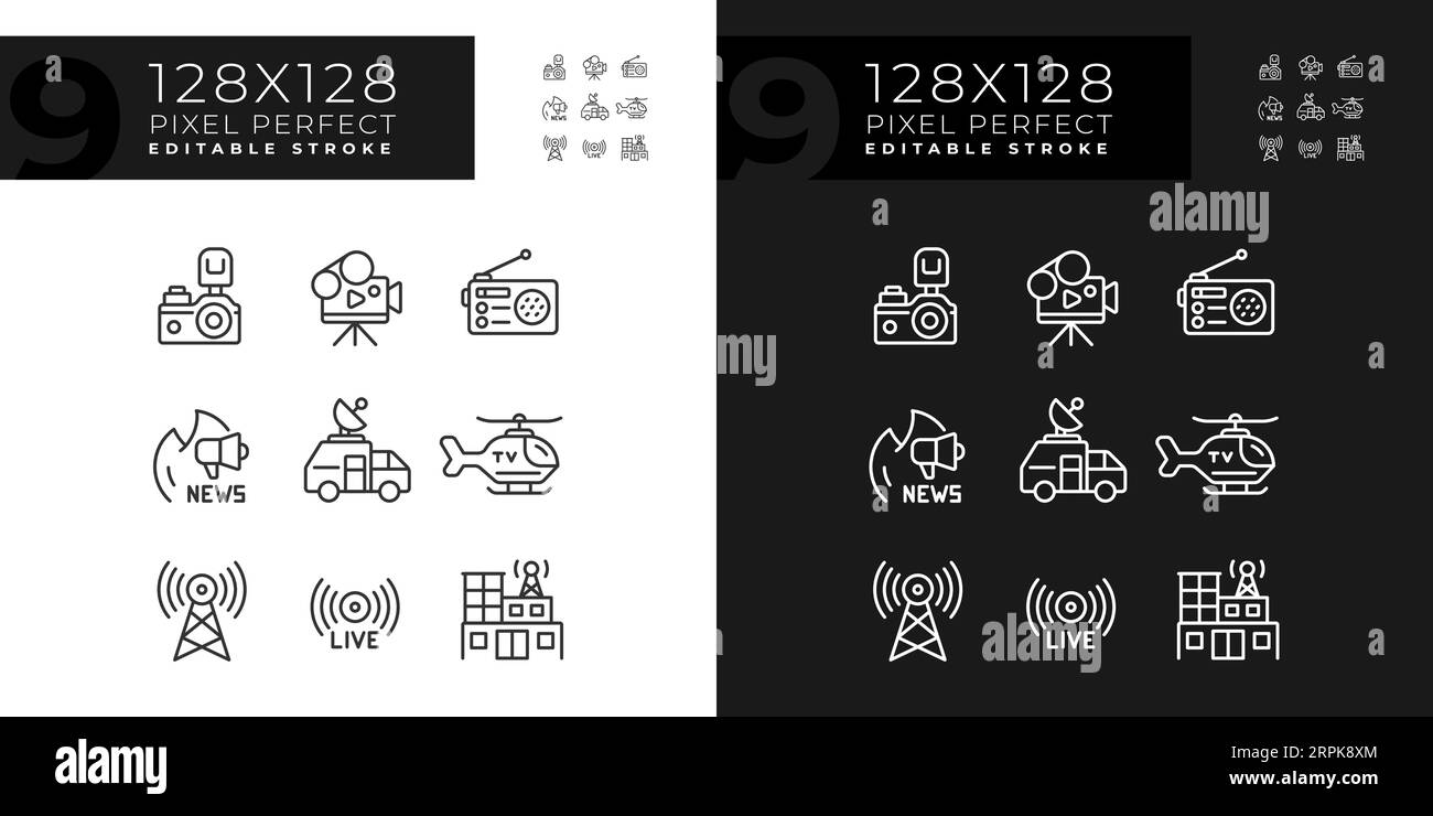 Editable pixel perfect dark and light journalism icons Stock Vector