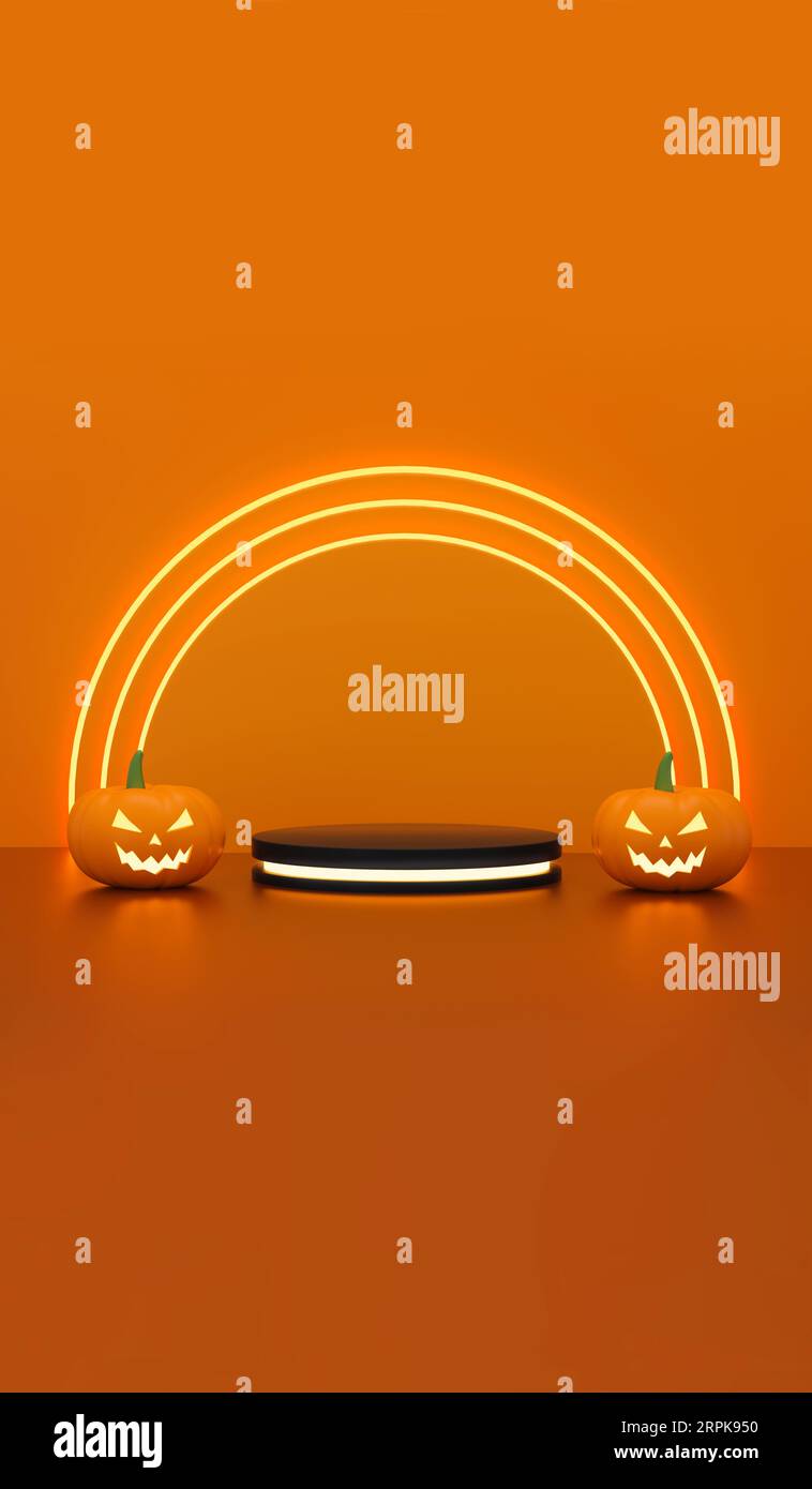 Empty halloween with podium platform cylinders with light neon and ...