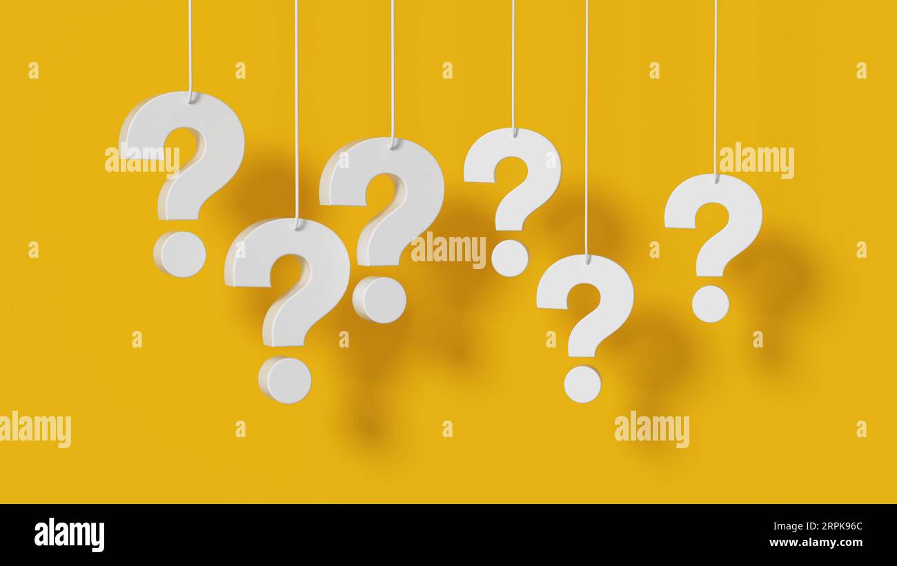 Many question marks white hanging on yellow wall background. 3D rendering. Stock Photo