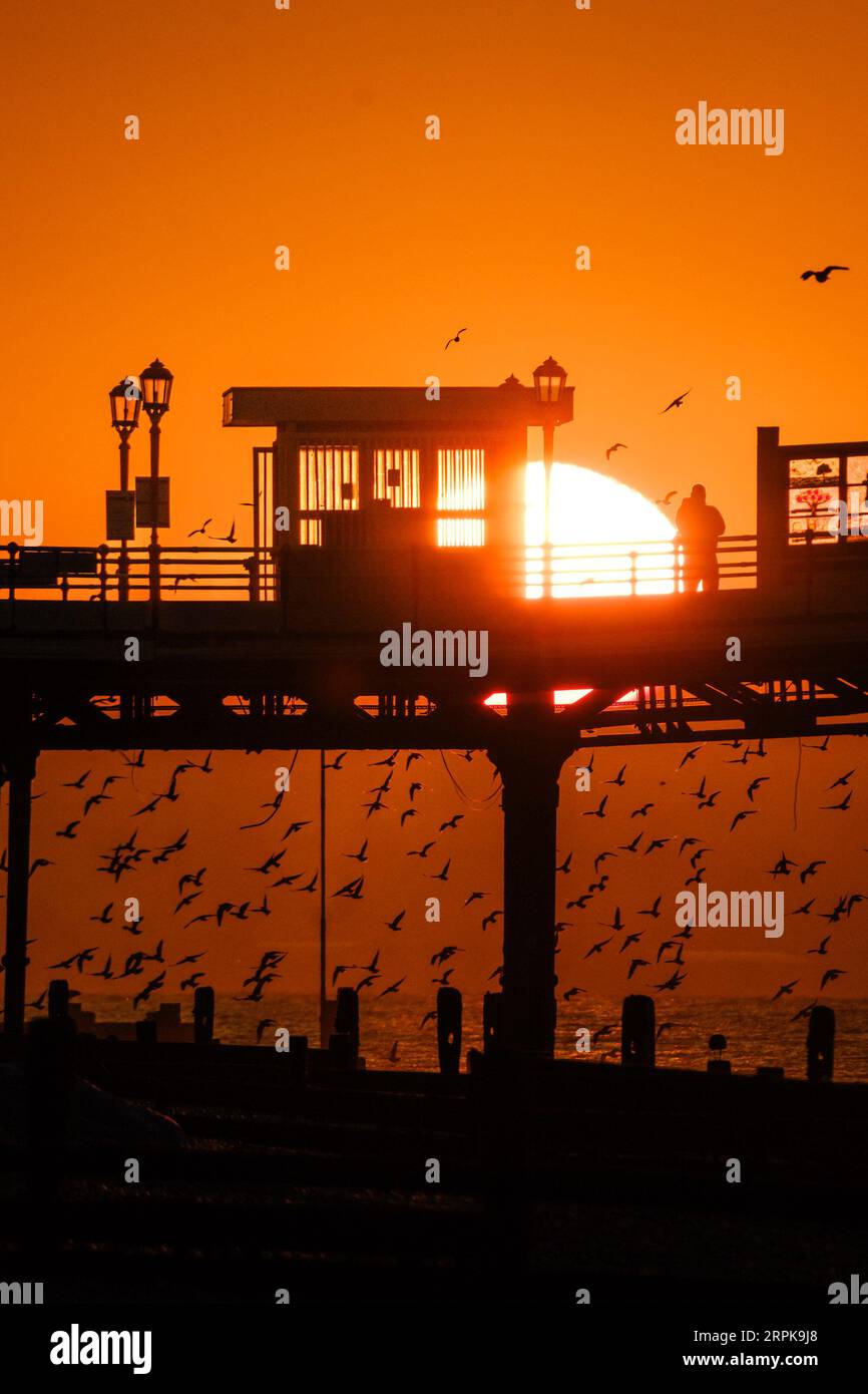 Worthing, West Sussex, UK. 5th Sep, 2023. A person photographs the sun as nesting birds leave thier roost on the pier at sunrise as a heat-health alert has been issued for most parts of England - temperatures could reach 32C (89.6F) this week. The sun rising over Worthing pier photographed from Worthing Beach, UK on 5 September 2023 . Picture by Julie Edwards. Credit: JEP Celebrity Photos/Alamy Live News Stock Photo
